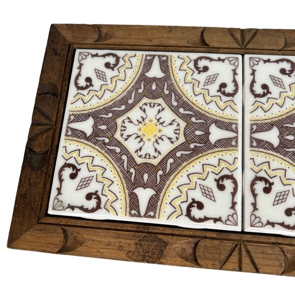 Vintage Mexican Tile Wood Framed Trivet Set Vintage MEXICO Folk Art TILE WOOD - Picture 4 of 10